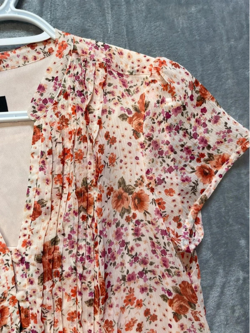 MSK Womens Floral Dress Size 12 Peach Orange Chiffon Pleated V Neck Short Sleeve - Picture 5 of 11